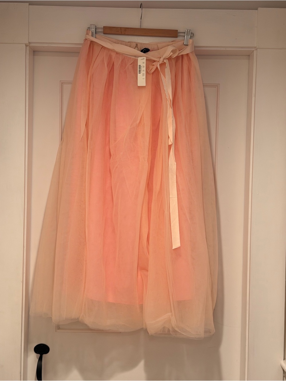 Women's Peach Tulle Midi Skirt with Ribbon Waist